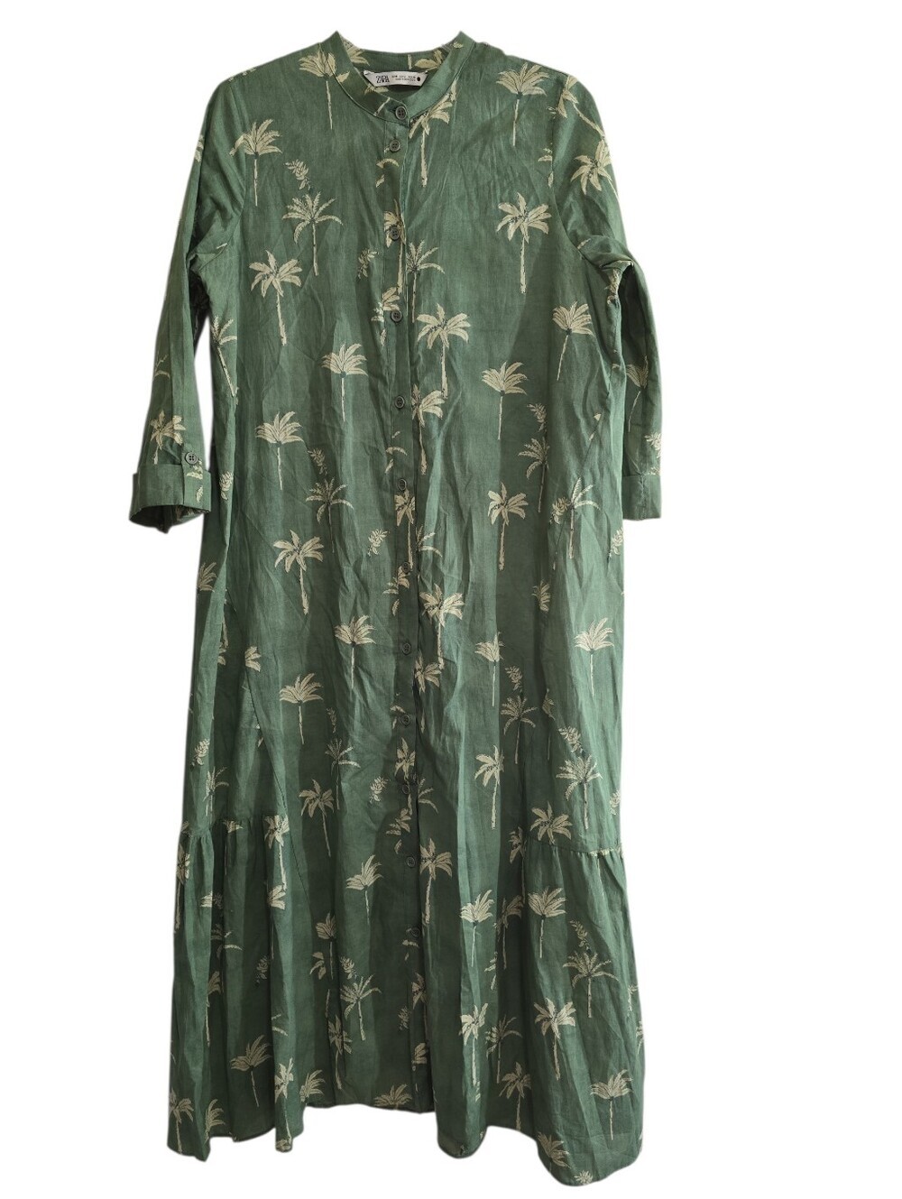 Zara Tropical Palm Print Tiered Maxi Dress Medium Green No Belt Cotton Poplin